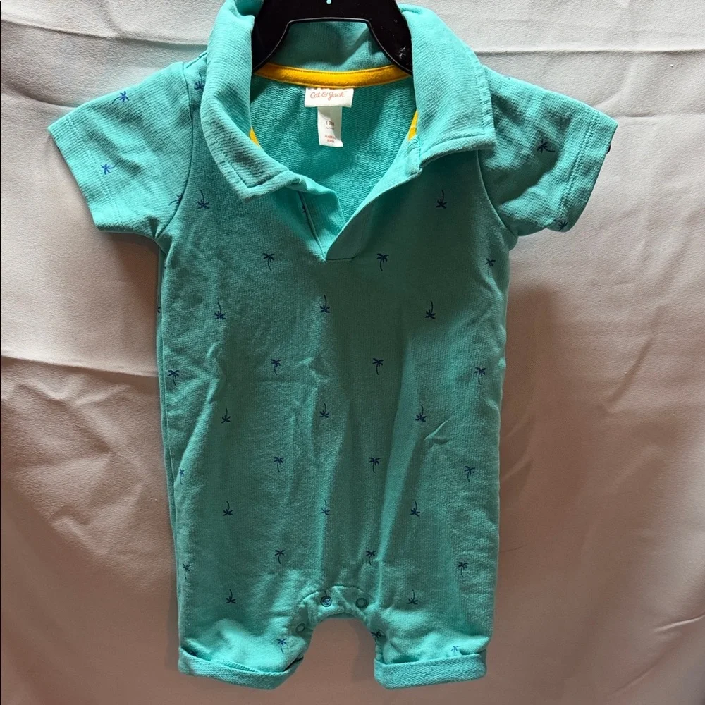Cat & Jack Teal Polo One-Piece with Navy Palm Print‎